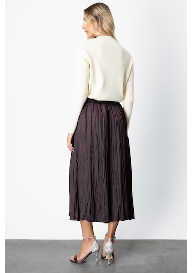 On Kadın Kırışık Görünümlü Midi Etek 64209 Kahverengi Kahverengi