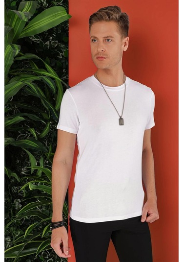 Slim Fit Bisiklet Yaka Düz Pamuklu Beyaz Tişört Ts 823 Beyaz