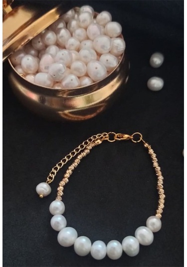 Dorika Detaylı Gerçek İnci 24k Altın Kaplama Bileklik Beyaz Tek E Gold