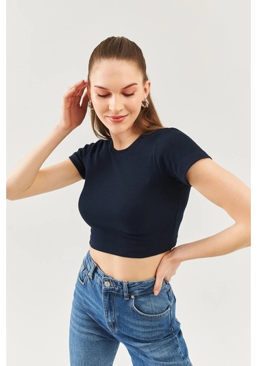 Kadın Kısa Kol Bisiklet Yaka Vücuda Oturan %100 Pamuklu Kaşkorse Esnek Crop Bluz Lacivert