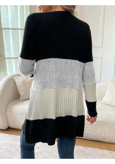 Kadın Uzun Kollu Çok Renkli Önden Düğmeli Uzun Ceket Siyah