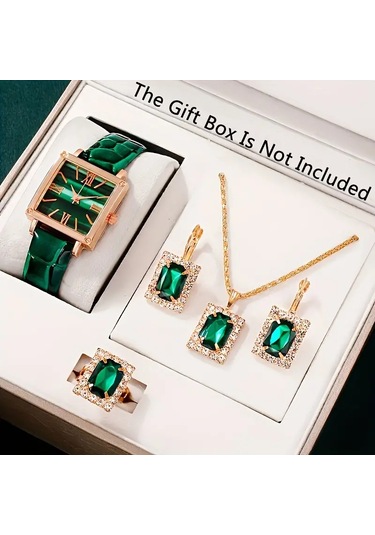 Kadın Vintage Kare Kuvars Saat Analog Ve Kolye+küpe+yüzük Takı S Yeşil