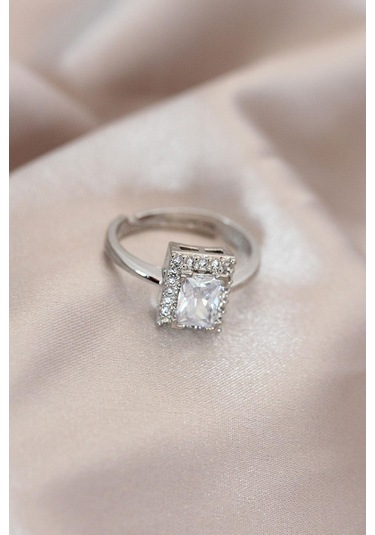 Ayarlamalı Silver Renk Metal Zirkon Ve Kristal Taşlı Dikdörtgen Model Yüzük Gümüş