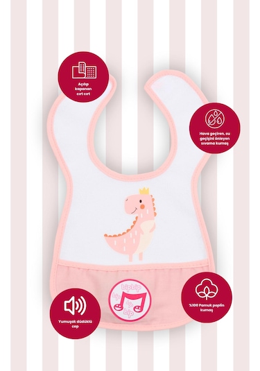 Düdüklü Cepli Sıvama Mama Önlüğü - Sevimli Dino Bebek Önlüğü Açık Pembe