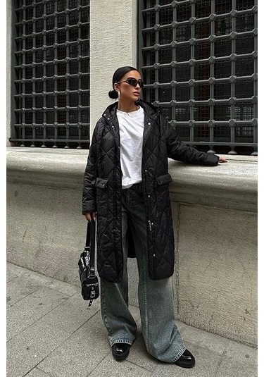 Fermuar Ve Kapşonlu Uzun Kapitone Mont 7062 Si Yah Siyah