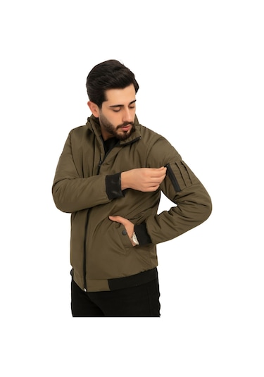 Montland Erkek Haki İçi Astarlı Dik Yaka Mevsimlik Cepli Su Ve Rüzgar Geçirmez Mont Haki