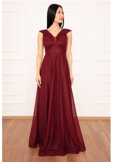 Kalopya Simli Tül Uzun Abiye Elbise 13280 Bordo