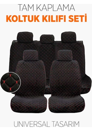 Tay Tüyü Terletmez Kumaş Oto Koltuk Kılıfı Ön Ve Arka Tam Koltuk Seti - Siyah-kırmızı