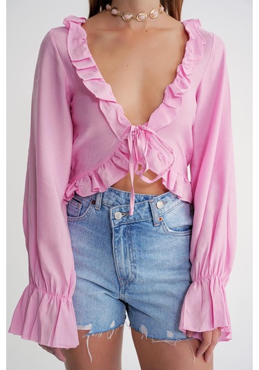 4712 Kadın Volanlı Modal Bolero Bluz Pembe Pembe