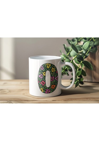 O Baş Harf Çiçek Desenleri İle Natural Tarz Kupa Bardak - Kişiye Özel Çiçekli Kahve Çay Bardak - Beyaz