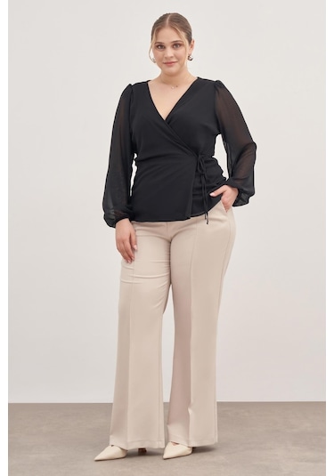 Astarlı Bağlama Detaylı Şifon Bluz-1760 Siyah