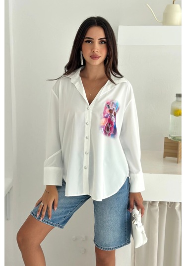 Zürafa Desen Baskılı Taşlı Gömlek Beyaz