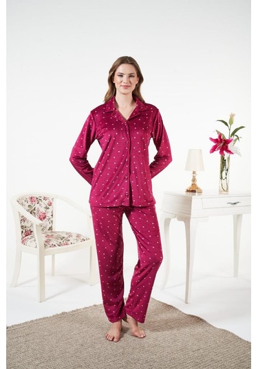Estiva Puantiyeli Önden Düğmeli Kadife Bayan Pijama Takım Bordo
