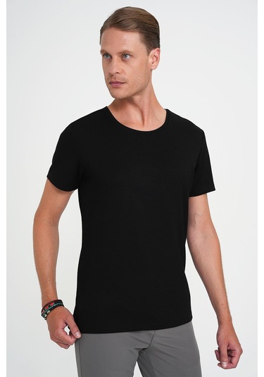 Comfort Fit Bisiklet Yaka Esnek Pamuk Düz Siyah Tişört Ts 915 Siyah