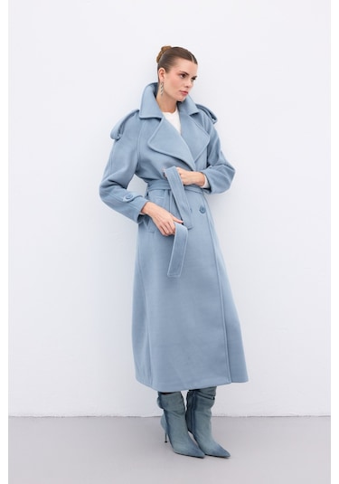 Sateen Geniş Yaka Uzun Kaban - Mavi-136668 Mavi