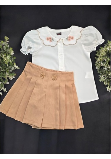Yakası Dantelli Kız Çocuk Şort Etekli Takım Kahverengi