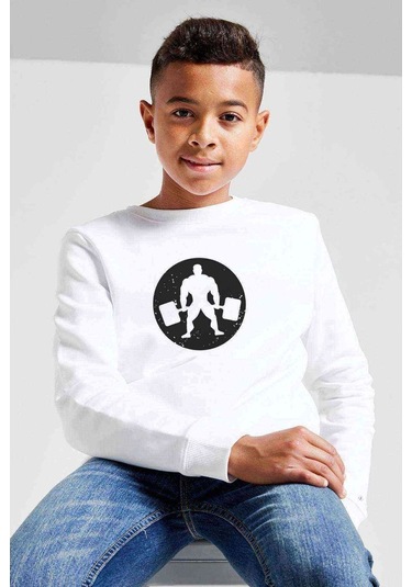 Silhouette Bodybuilding Baskılı Unisex Çocuk Beyaz Sweatshirt (534758116) Beyaz