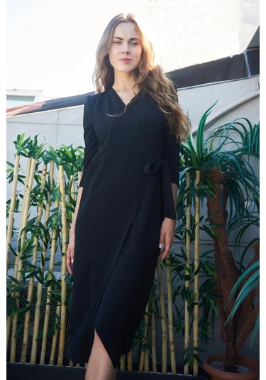 Kadın Likralı Krep Kumaş Kruvaze Capri Truvakar Kol Diz Altı Elbise-siyah Siyah