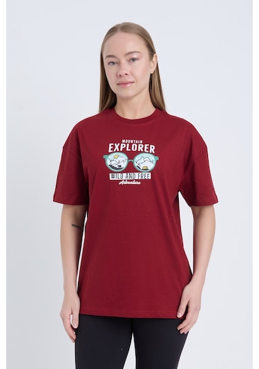 Velvoria Unisex Oversize Mountain Explorer Baskılı Bordo Renk T-shirt