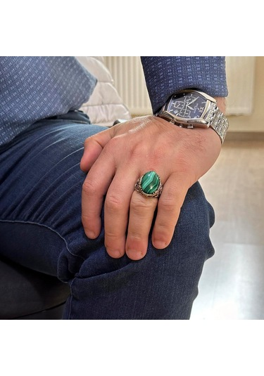 Doğal Malakit Taşlı Yüzük, Denizci Halat Yüzüğü - Canlı 925 Ayar Katı Gümüş Erkek Yüzüğü Gümüş