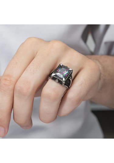 Zülfikar Desenli Kare Mistik Topaz Taşlı 925 Gümüş Erkek Yüzük