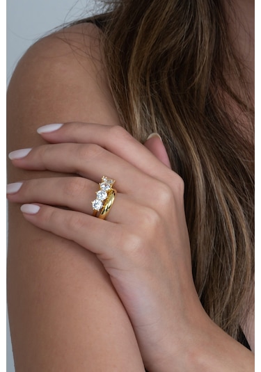 Takı Dükkanı Gold Renk 4mm Gümüş Alyans Ve Ağır Gümüş Beştaş Yüzük Seti Wsr119