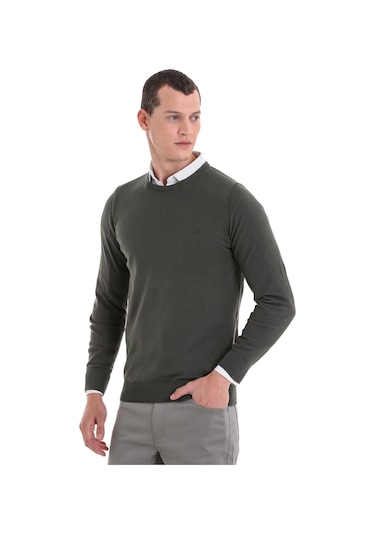 Hatemoğlu Erkek Regular Fit Düz Bisiklet Yaka Pamuklu Triko Kazak Haki