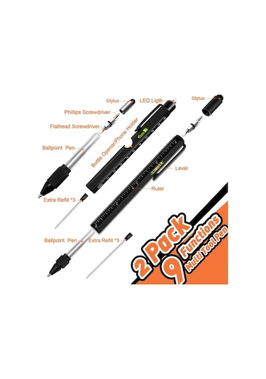 Doldurucular Erkekler İçin Hediyeler 9'u 1 Arada Çok Amaçlı Kalem Seti Siyah Siyah