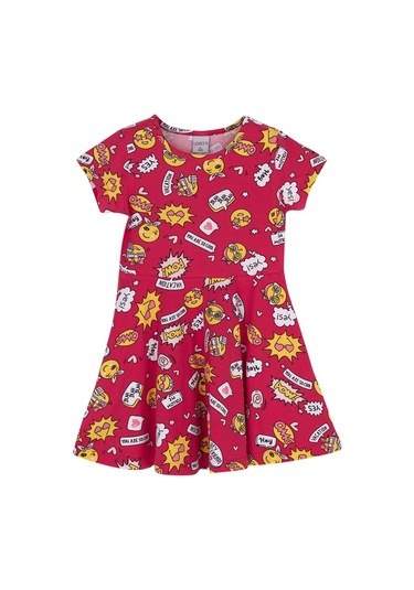 Lovetti Kız Çocuk So Cool Desen Kısa Kol Kloşe Etek Elbise 5910-127 Çok Renkli