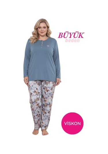 Kadın Çiçek Desen 3 Düğme Likralı Viskon Mevsimlik Büyük Beden Uzun Kol Pijama Takımı İndigo