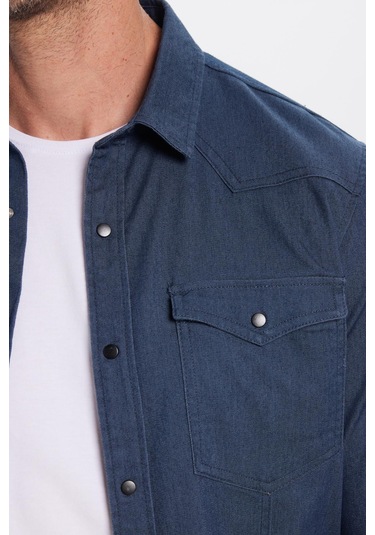 Erkek Slim Fit Dar Kesim Çift Cepli Denim Kot Lacivert Gömlek-31927 Lacivert