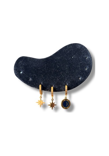 Ay Yıldız Altın Rengi Üçlü Çelik Küpe Sarı