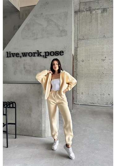 Dip Moda Kadın Fermuarlı Alt Üst Eşofman Takımı Dpnbg028 Bej