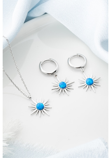 Çekirdekjewelry 925 Ayar Gümüş Opal Taşlı Kolye Küpe Seti Gri