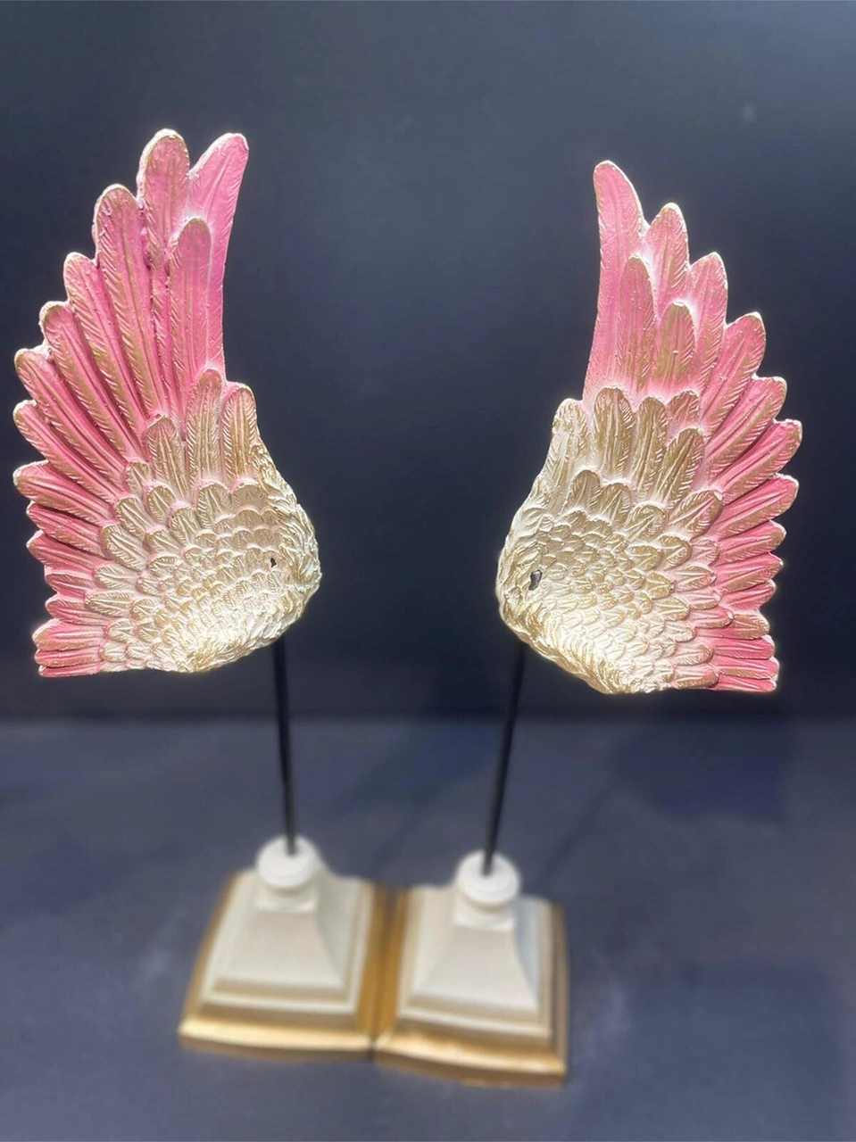 Dekoratif Polyester Ikili Melek Kanatları Biblo Krem Pembe Gold Eskitme