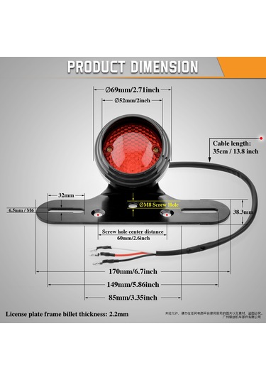 Youtek Klasik Motosiklet Modifikasyonu İçin Universal Retro Led Fren Arka Lambası, Plaka Tutuculu, Krom Alüminyum Kasa, Kırmızı Lens