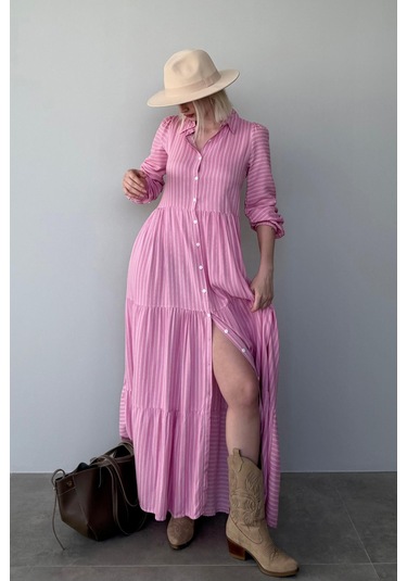 Madmext Pembe Çizgili Düğmeli Uzun Elbise Mg2392 Pembe