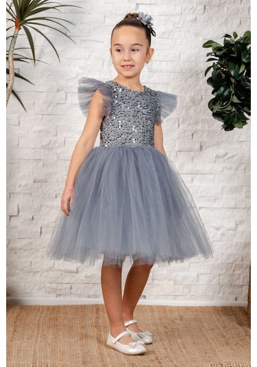 Tüllü Kız Çocuk Kpl Elbise Mnk0526 Gri