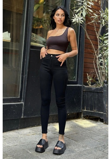 WeShaya Siyah Yüksek Bel Skinny Jean Pantolon Siyah