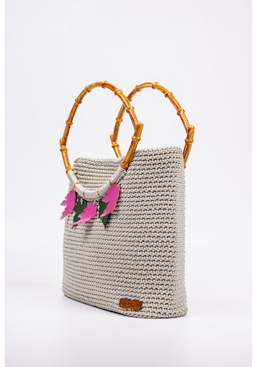 Fabric Craft Bag Gri Tığ Dokulu Bambu Saplı El Çantası Gri Gri