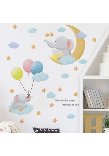 Duvar Çıkartmaları Seti, Filler, Ay, Bulutlar, Yıldızlar, Balonlar Duvar Çok Renkli