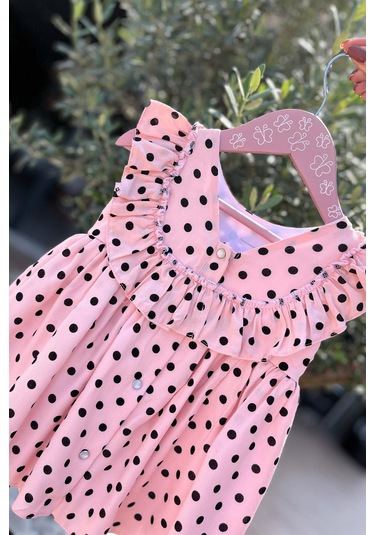 Puantiyeli Kolsuz Pamuklu Kız Çocuk Bebek Pudra Pembe Elbise 001