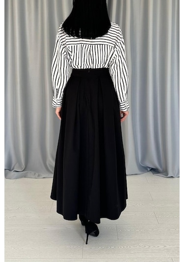 Siyah Uzun Pileli Etek Siyah