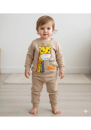 Kız Bebek Zürafa Baskılı Çıt Çıtlı Alt Üst İkili Gündelik Takım 6-18 Ay Bej