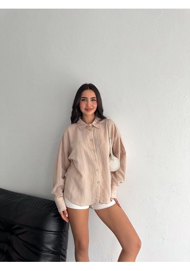 Çizgili Oversize Gömlek Bej