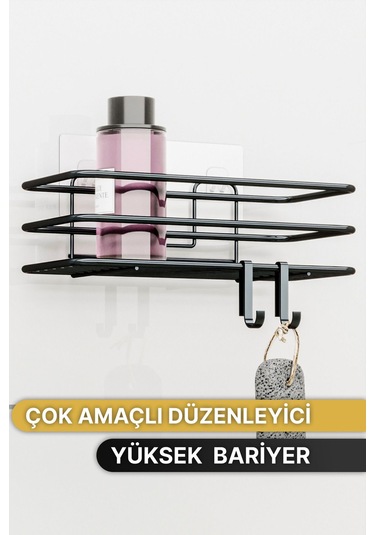 Banyo Düzenleyici Şampuanlık Sabunluk 1 Adet Lüks Metal Yapışkanlı 2 Askılı Duş Rafı Organizer Siyah