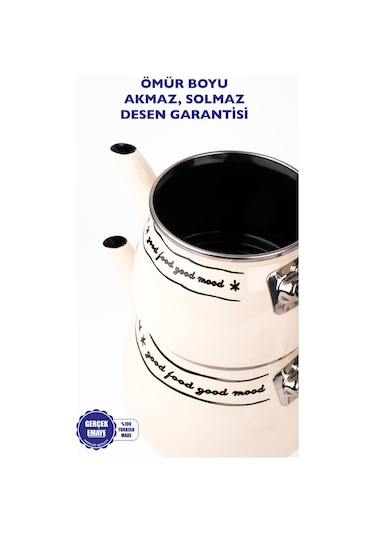 Mood Emaye Çaydanlık Takımı Ahşap Tepeli Krem