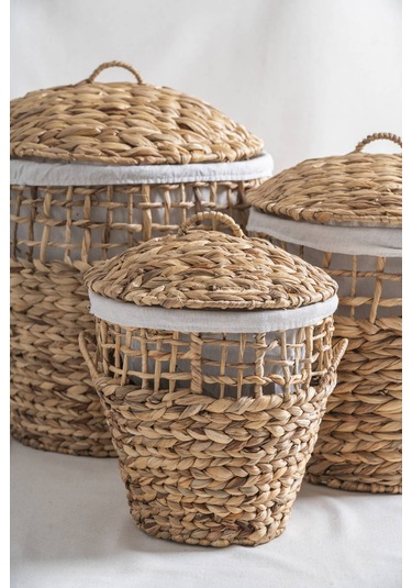 Soléa Hasır 3 Lü Kapaklı Sepet Seti Krem
