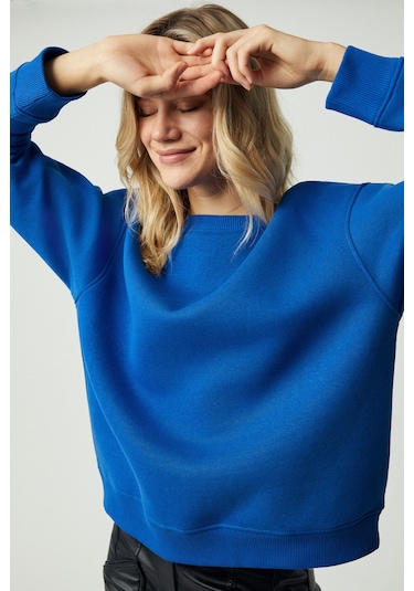 GRIMELANGE Vaneltına Kadın Organik Pamuklu Yumuşacık İçi Polarlı Yuvarlak Yakalı Parlament Mavi Swea Parlament Mavisi