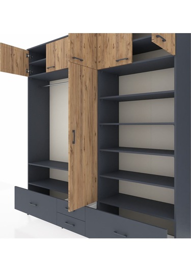 Hyperion Dolap 18 Raflı 4 Çekmeceli Tek Askılı 220x44x243 Antrasit-çam/antrasit Atlas Çam/antrasıt